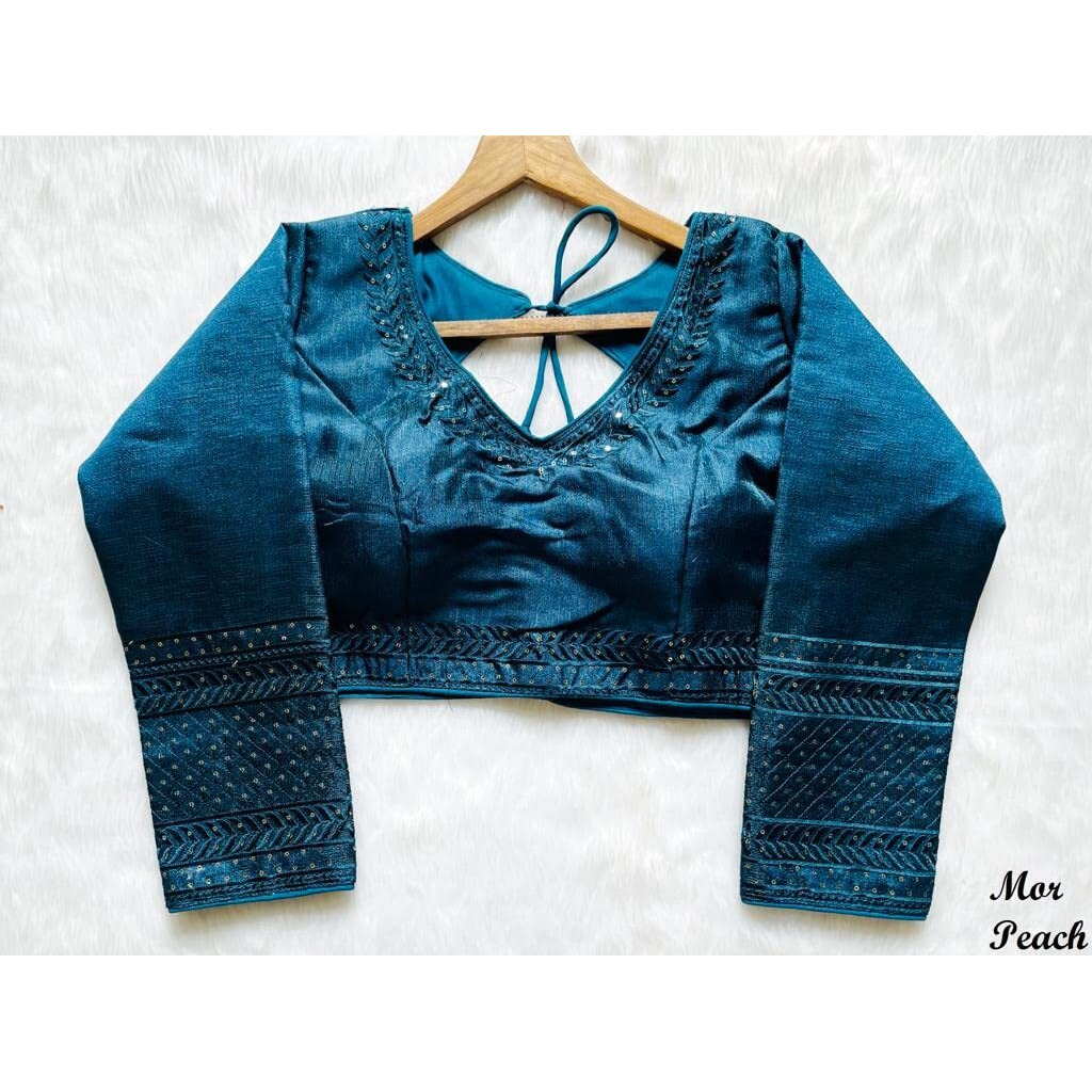 Vihu Fashion Milan Silk Full Sleeve V Neck Multi Embroidery Trendy Saree Blouse(Rukmini Morpeach 42)