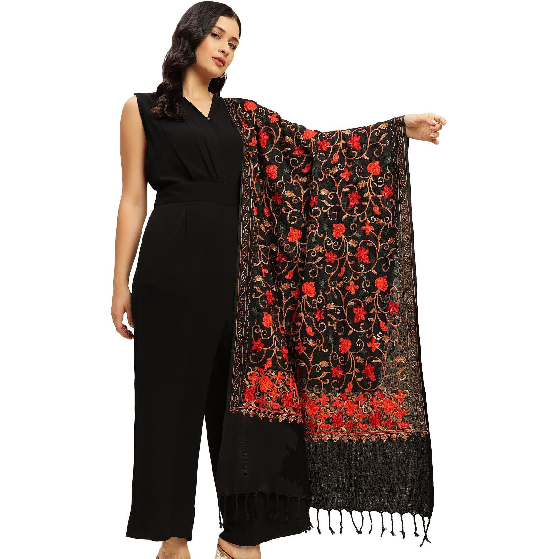 Weavers Villa Designer Acrylic Kashmiri Shawl Embroidery Stole, 70Cm X 200Cm