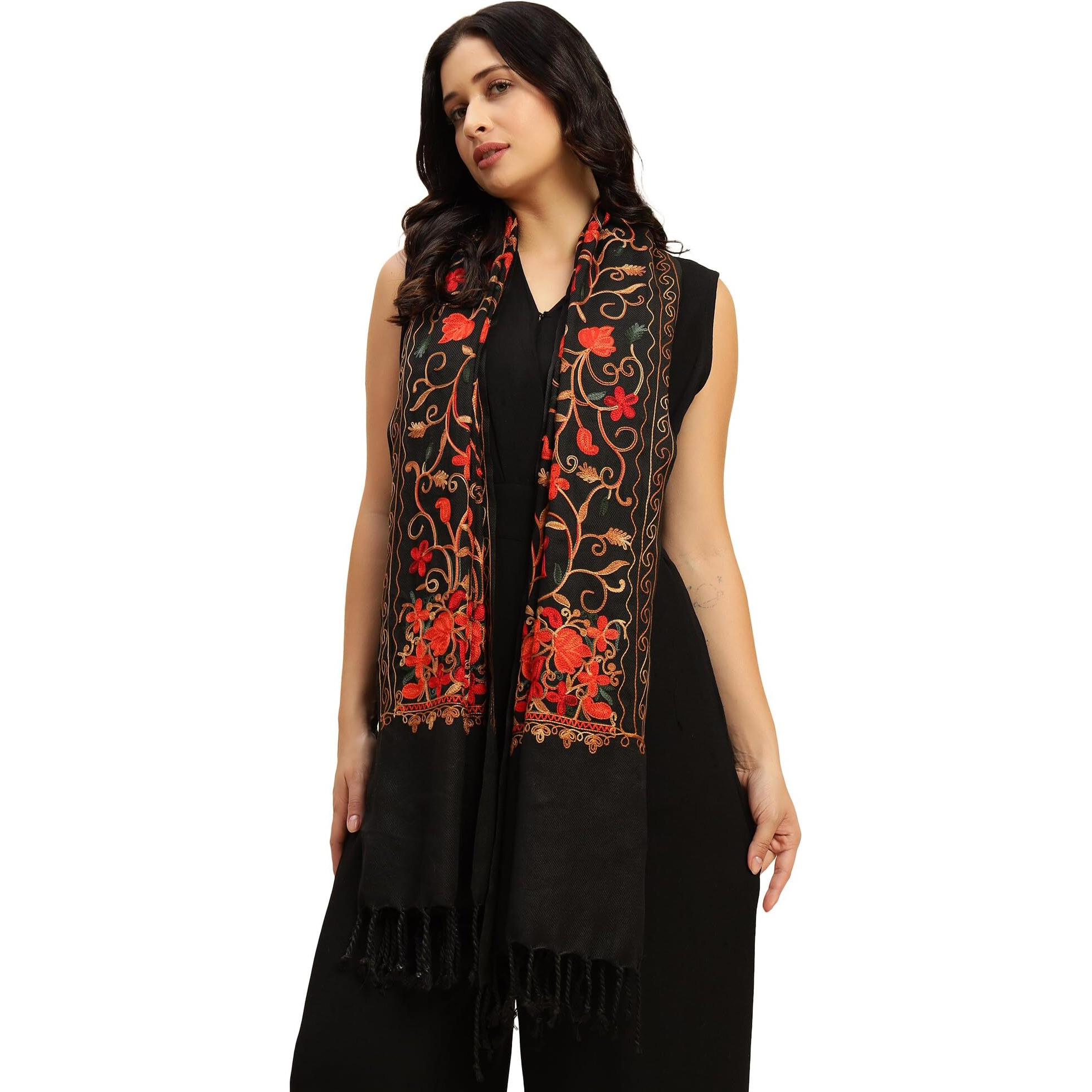 Weavers Villa Designer Acrylic Kashmiri Shawl Embroidery Stole, 70Cm X 200Cm