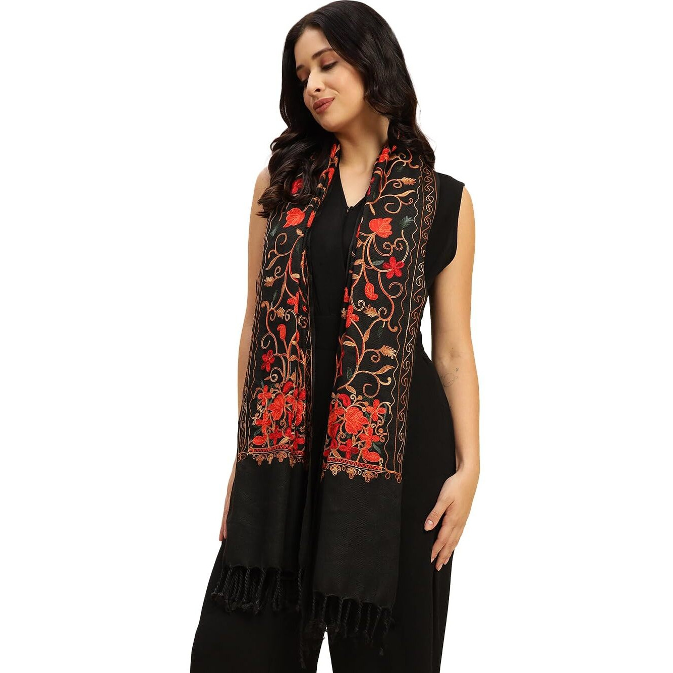 Weavers Villa Designer Acrylic Kashmiri Shawl Embroidery Stole, 70Cm X 200Cm