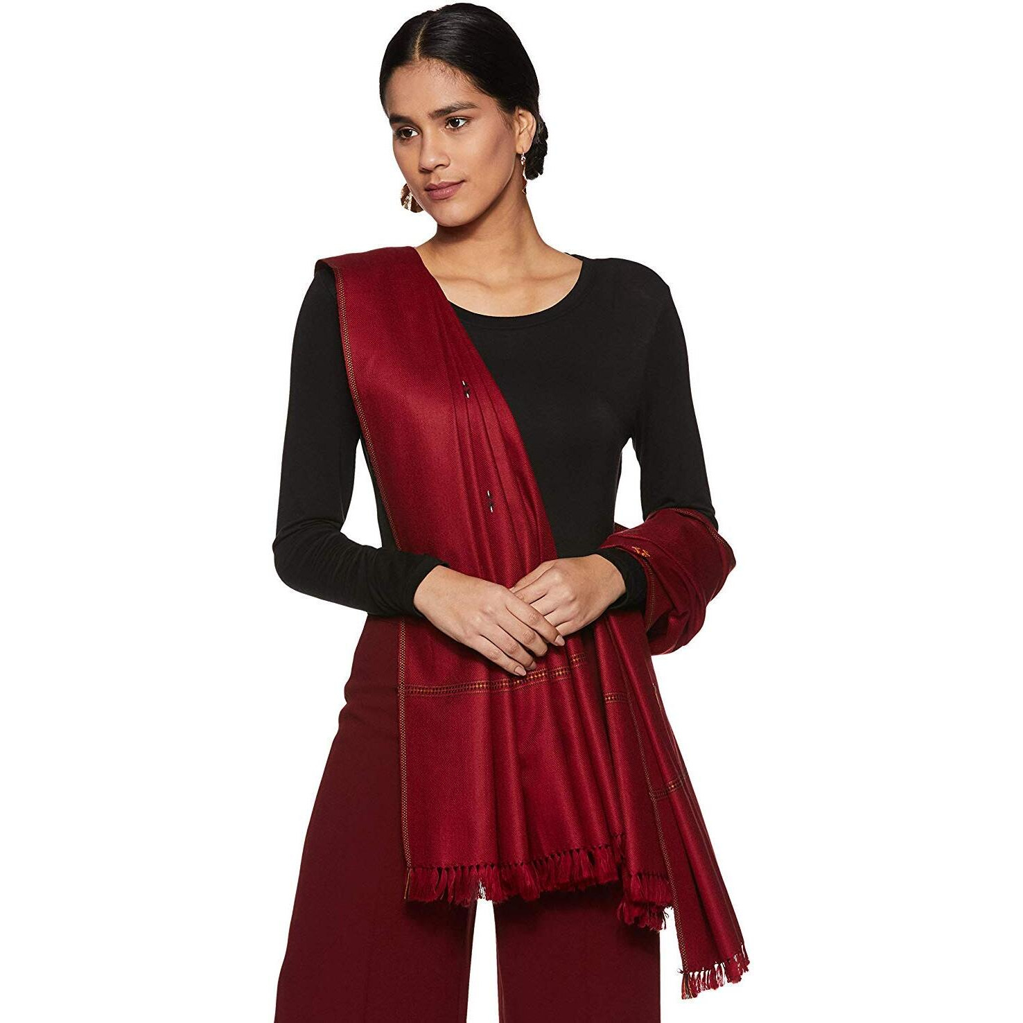 Weavers Villa - Women's Kashmiri Buty Work Maroon Acrylic Shawls, Stoles, 100Cm X 200Cm