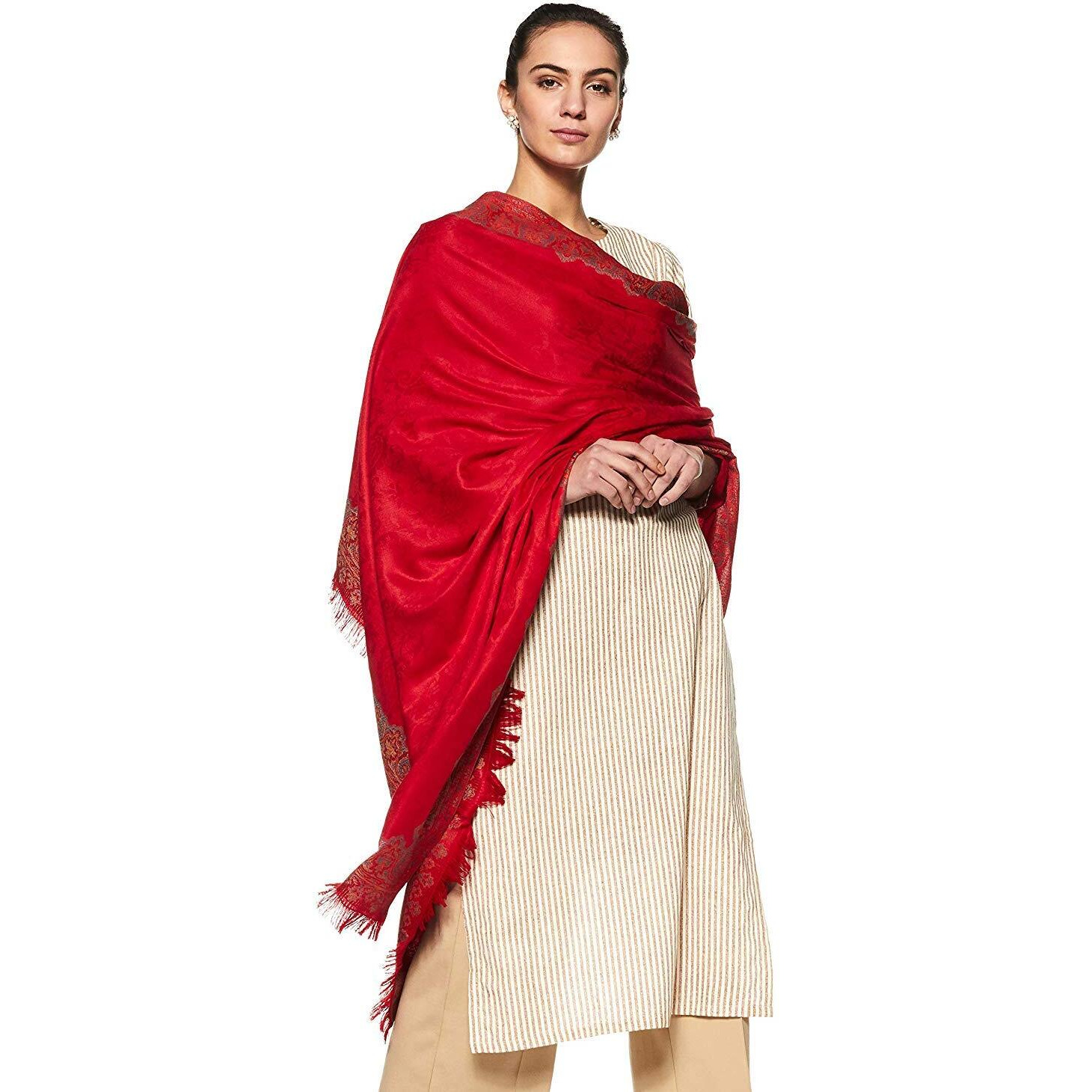 Weavers Villa Women's Pashmina Wool Woven Soft Shawls, Wraps Red, 100Cm X 200Cm