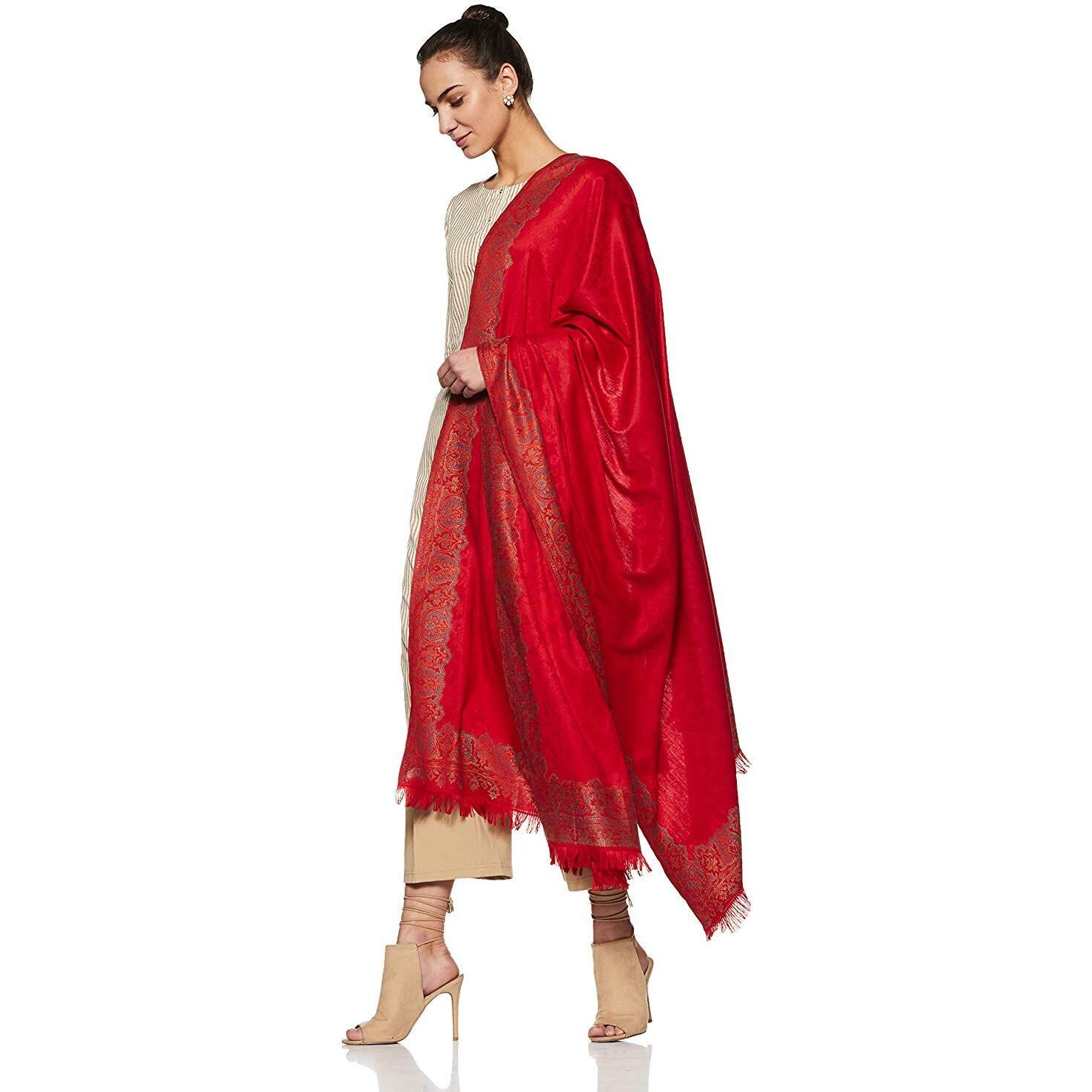 Weavers Villa Women's Pashmina Wool Woven Soft Shawls, Wraps Red, 100Cm X 200Cm