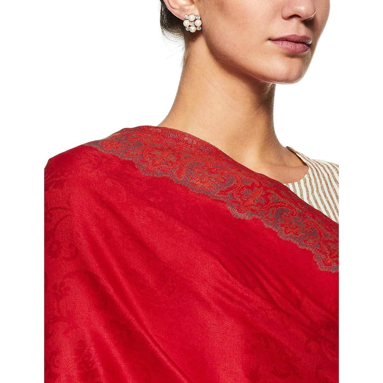 Weavers Villa Women's Pashmina Wool Woven Soft Shawls, Wraps Red, 100Cm X 200Cm