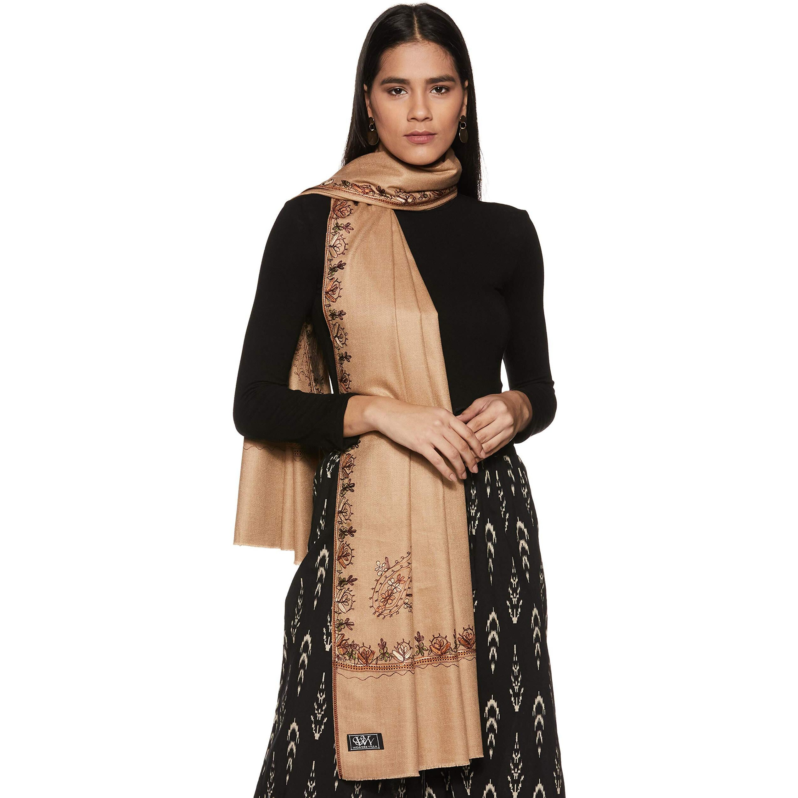 Weavers Villa - Women's Kashmiri Embroided Light Brown Woolen Shawls, Stoles, 100Cm X 200Cm