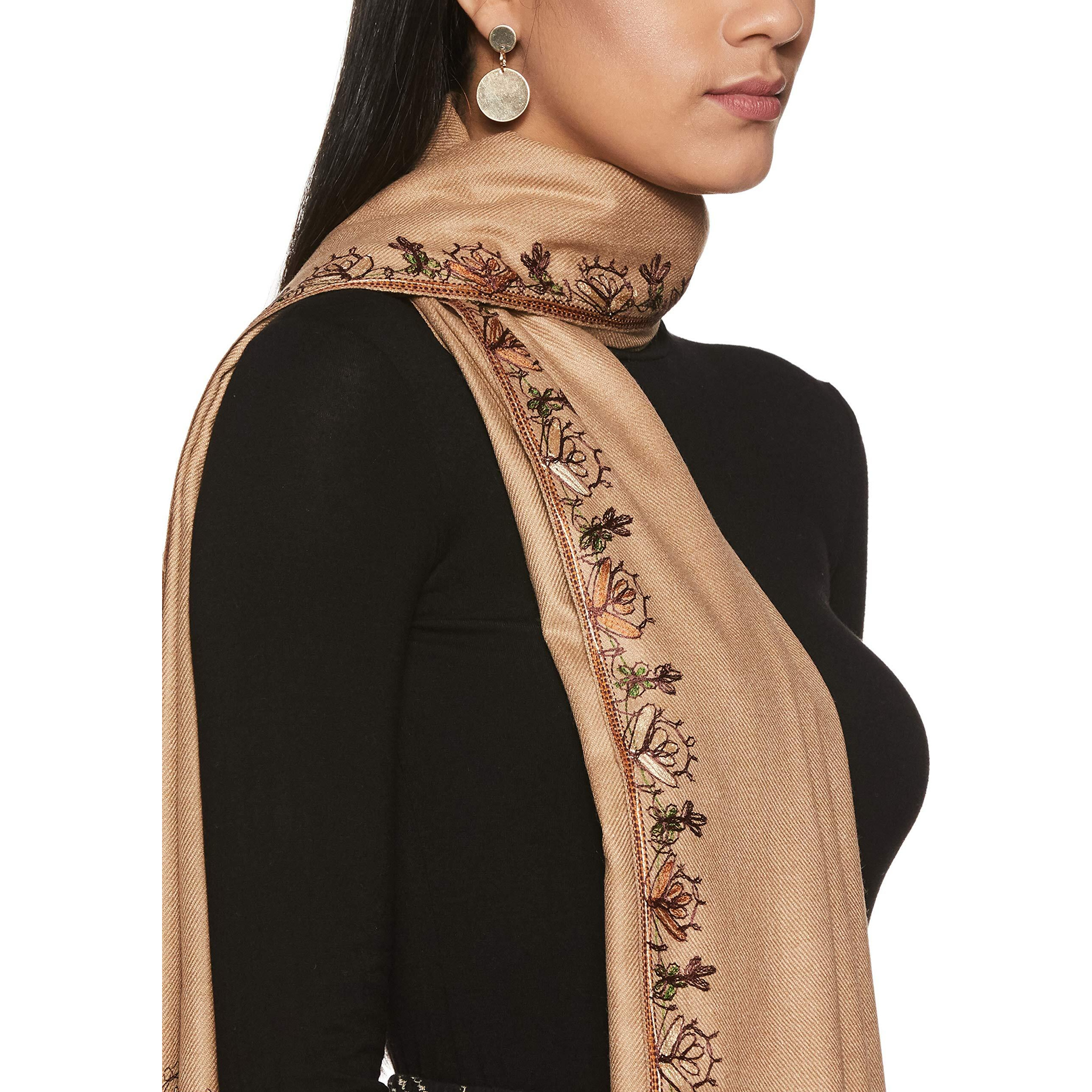 Weavers Villa - Women's Kashmiri Embroided Light Brown Woolen Shawls, Stoles, 100Cm X 200Cm