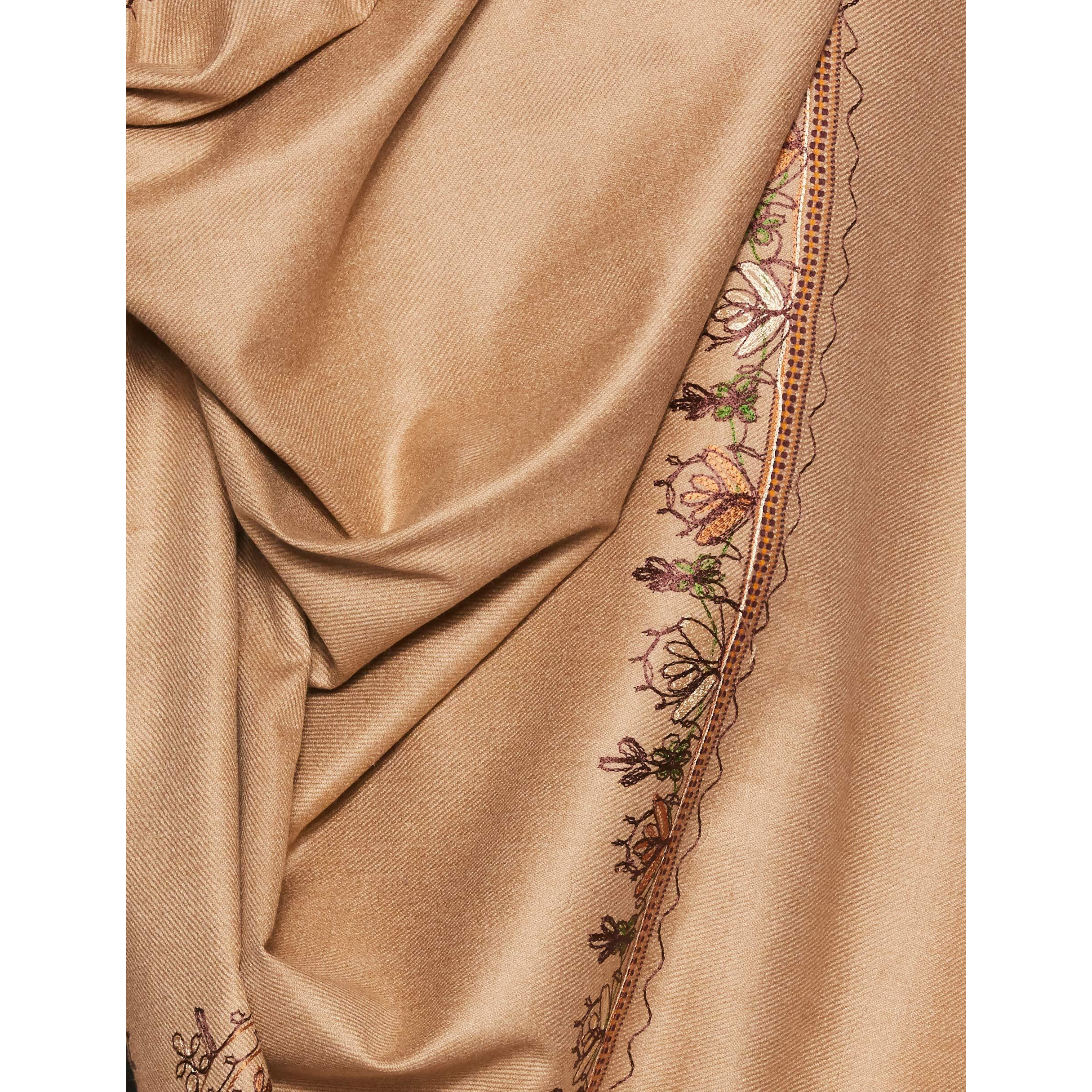 Weavers Villa - Women's Kashmiri Embroided Light Brown Woolen Shawls, Stoles, 100Cm X 200Cm