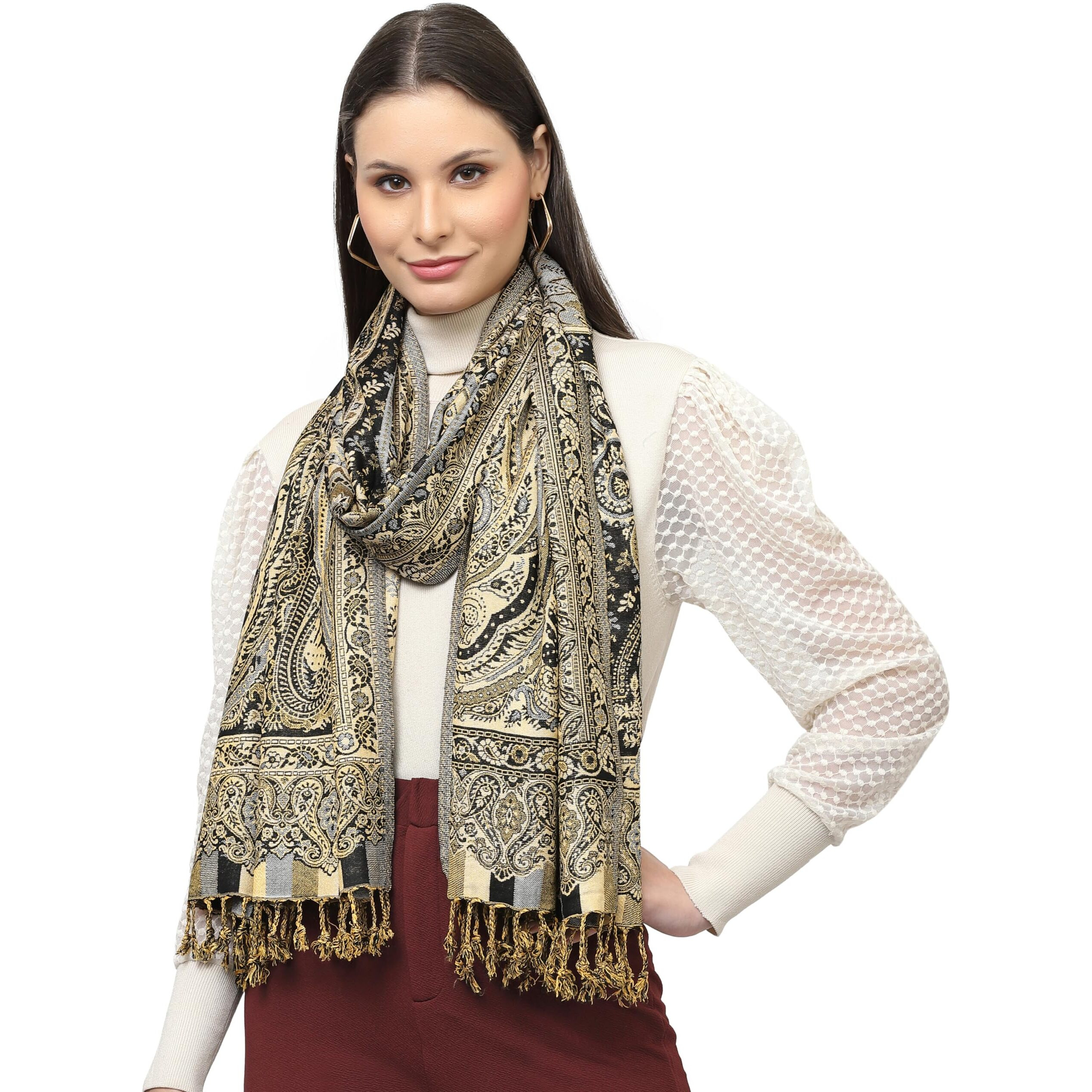 Weavers Villa 100% Soft Viscose Women's Summer/Autumn Scarf, Stoles, Scarves (Black Beige)