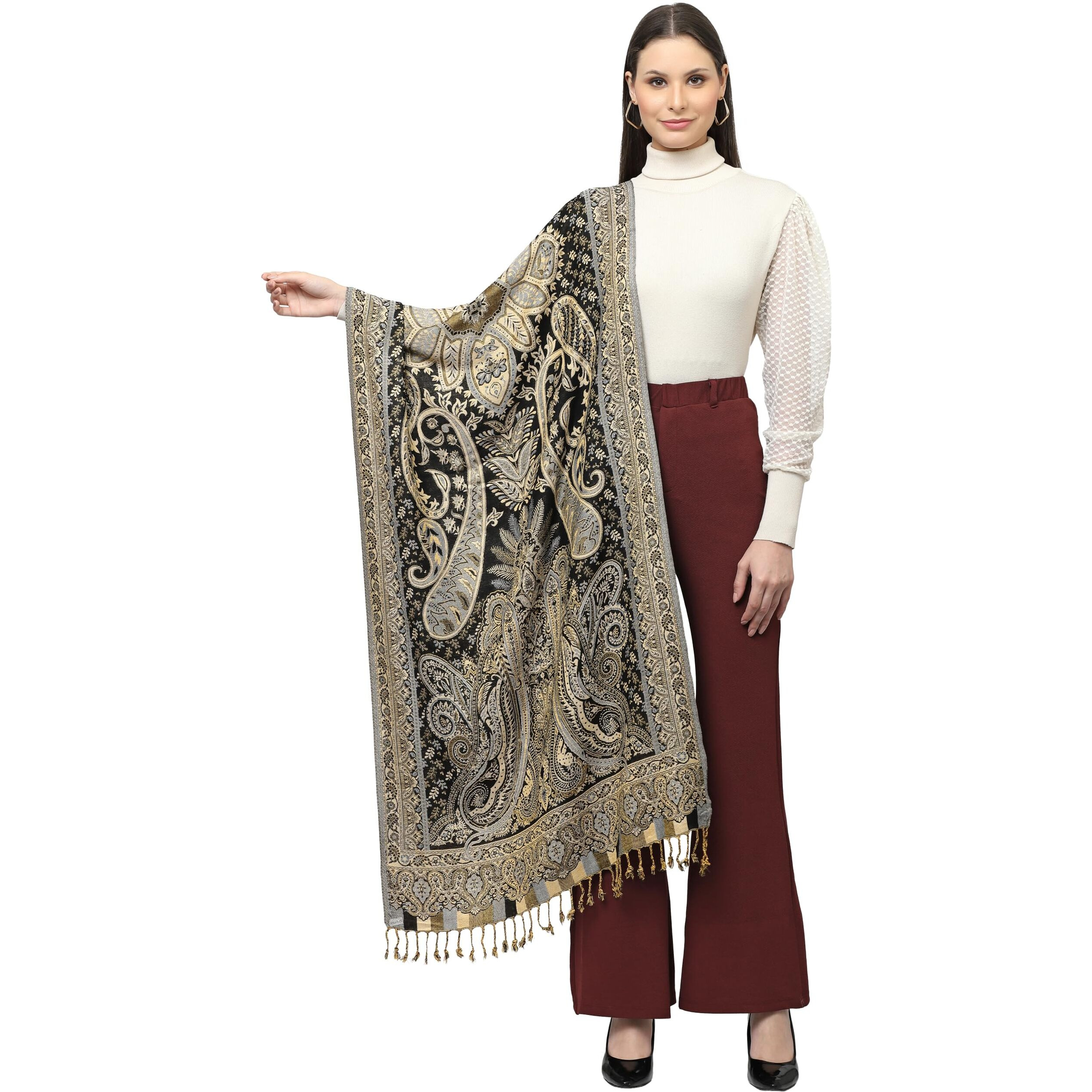 Weavers Villa 100% Soft Viscose Women's Summer/Autumn Scarf, Stoles, Scarves (Black Beige)