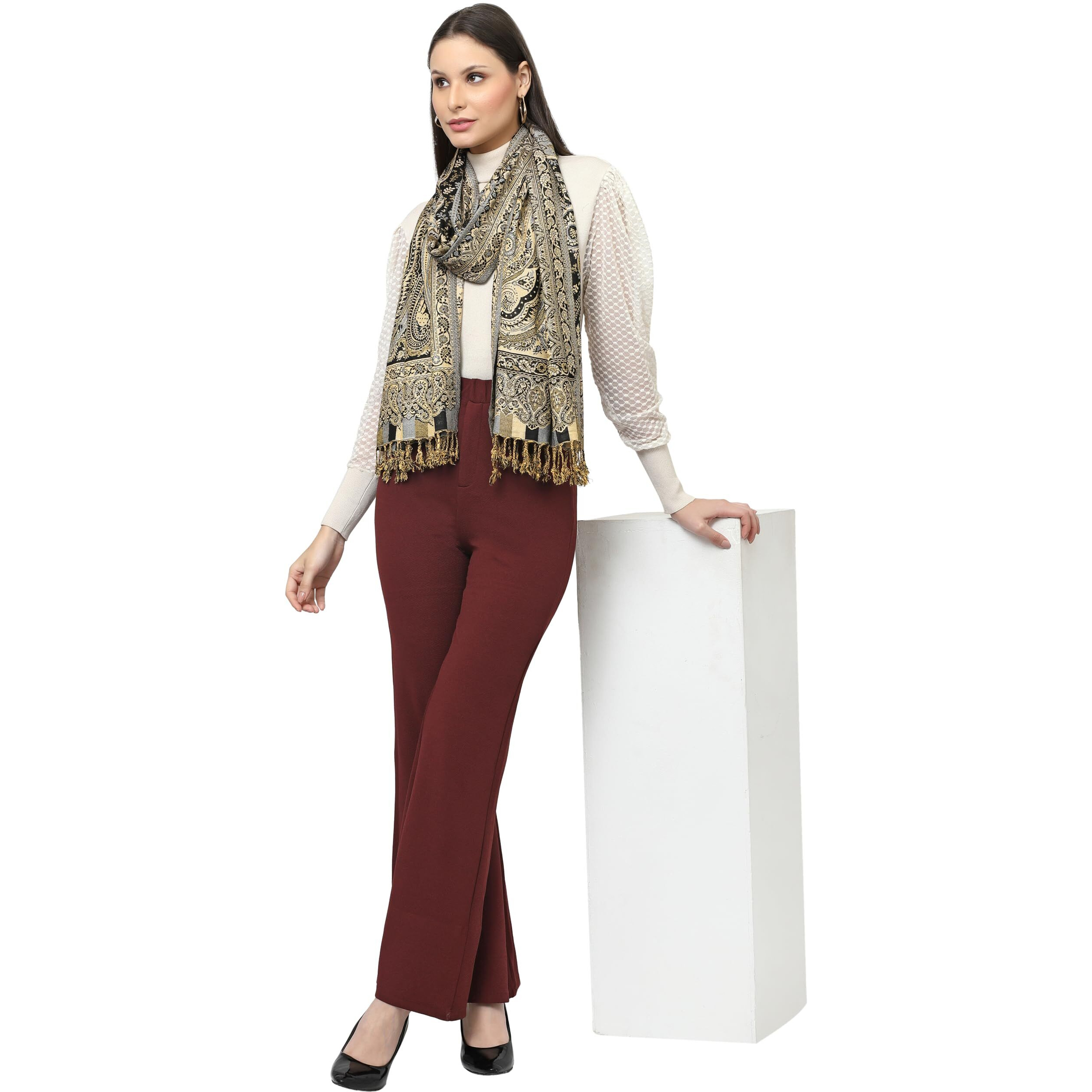 Weavers Villa 100% Soft Viscose Women's Summer/Autumn Scarf, Stoles, Scarves (Black Beige)