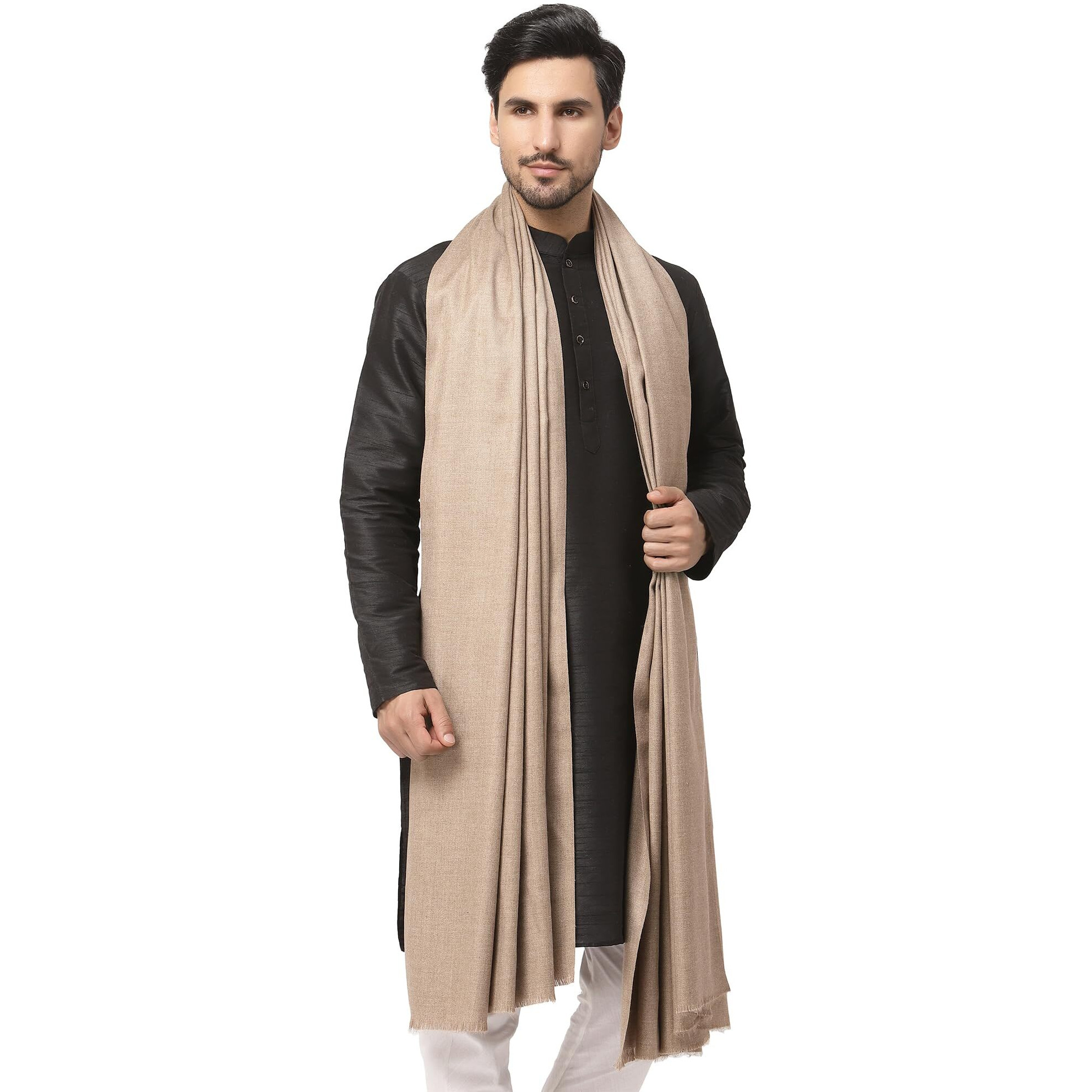 Weavers Villa Cream/Black/Kesari Cashmere Lohi, Shawls For Men (Light Grey), 125Cm X 250Cm