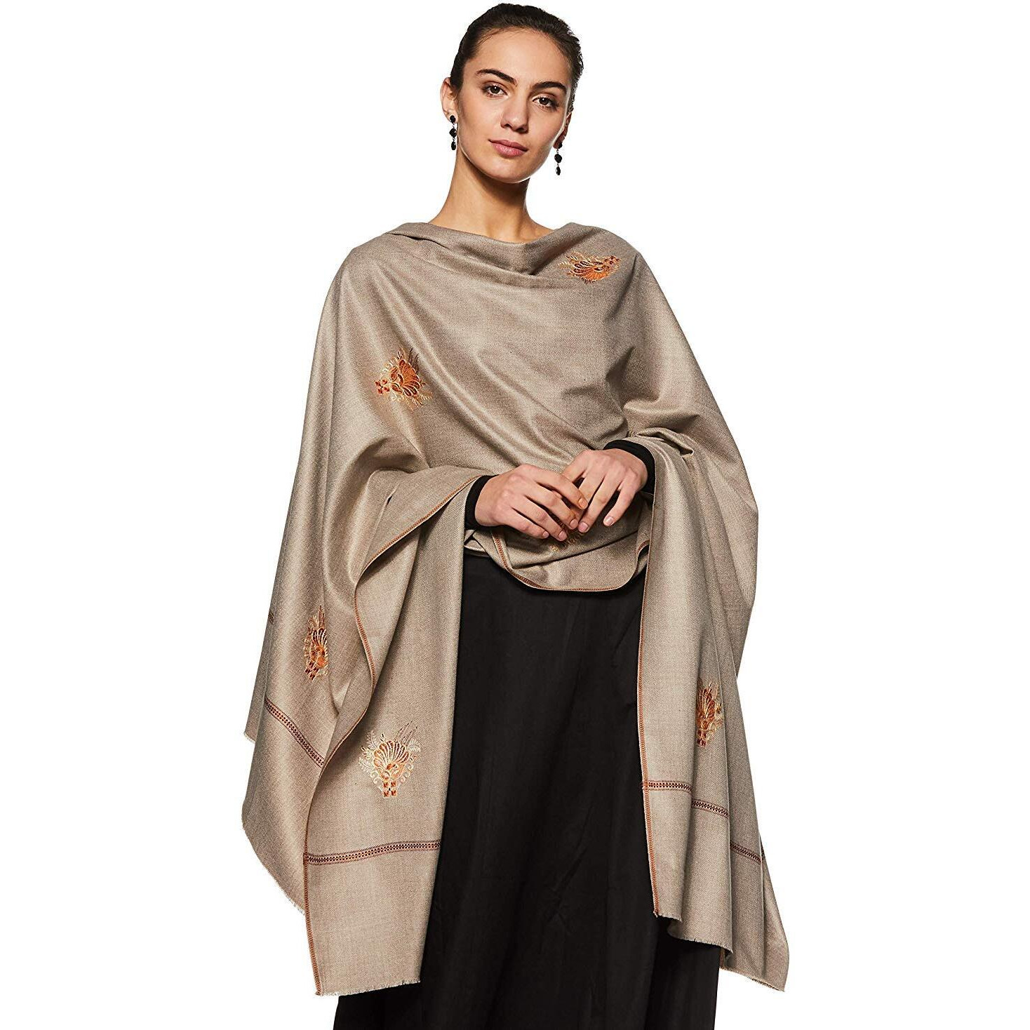 Weavers Villa - Women's Kashmiri Booti Work Grey Woolen Shawls, Stoles, 100Cm X 200Cm