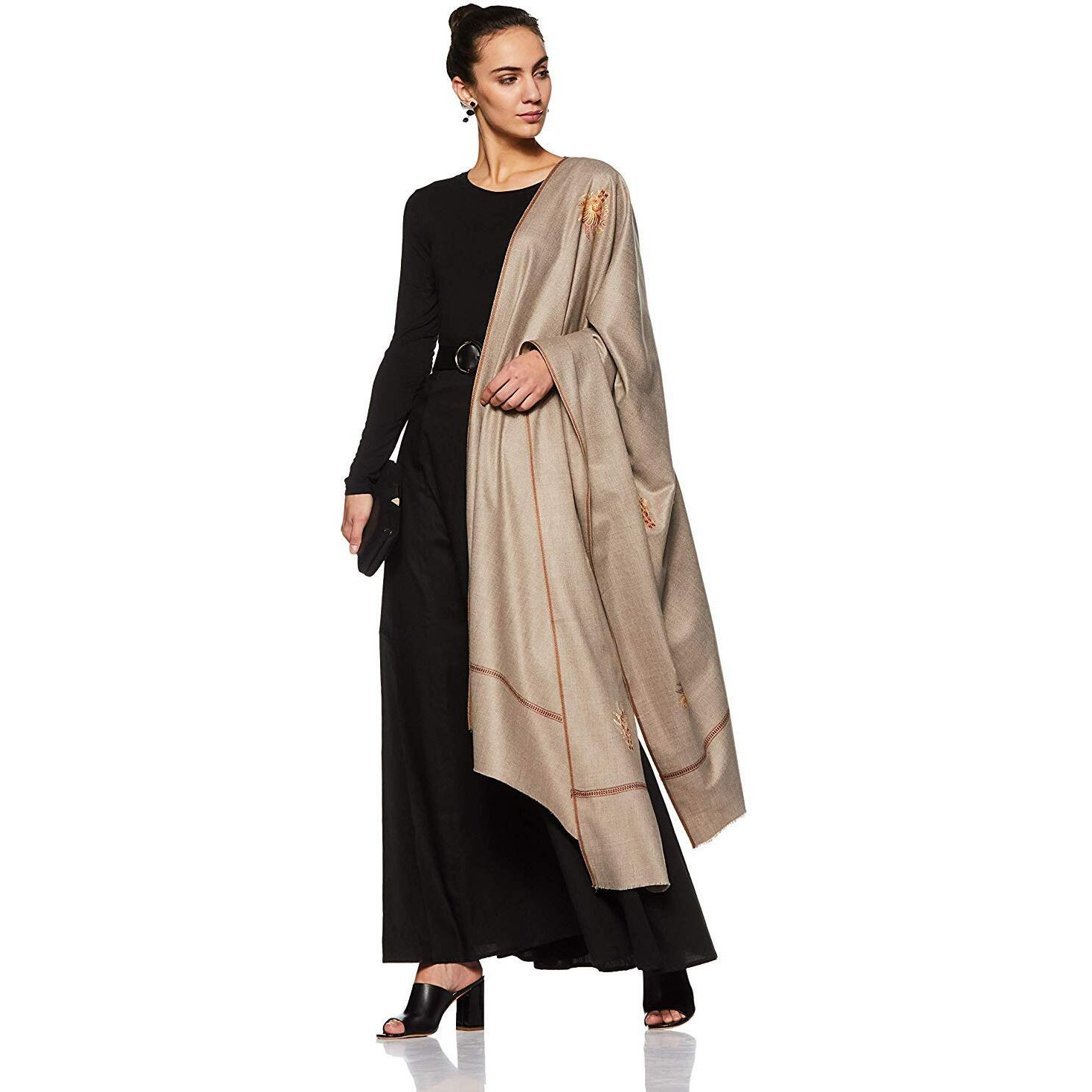 Weavers Villa - Women's Kashmiri Booti Work Grey Woolen Shawls, Stoles, 100Cm X 200Cm