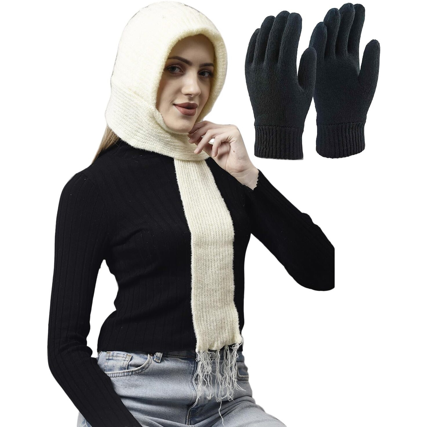 Set Of Weavers Villa Snow Proof Inside Fur Acro Wool Unisex Cap With Attached Neck Warmer Muffler Thick Fleece Lined Winter Cap And Gloves For Women, Free Size (In, Alpha, Free Size, Cream)