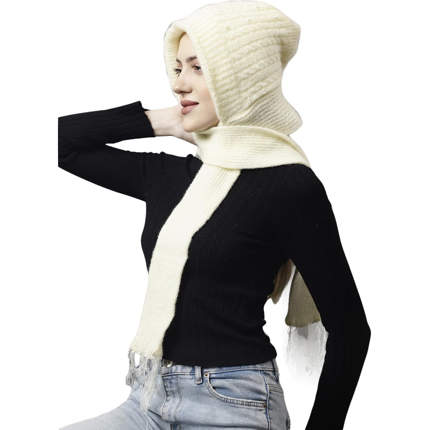 Set Of Weavers Villa Snow Proof Inside Fur Acro Wool Unisex Cap With Attached Neck Warmer Muffler Thick Fleece Lined Winter Cap And Gloves For Women, Free Size (In, Alpha, Free Size, Cream)