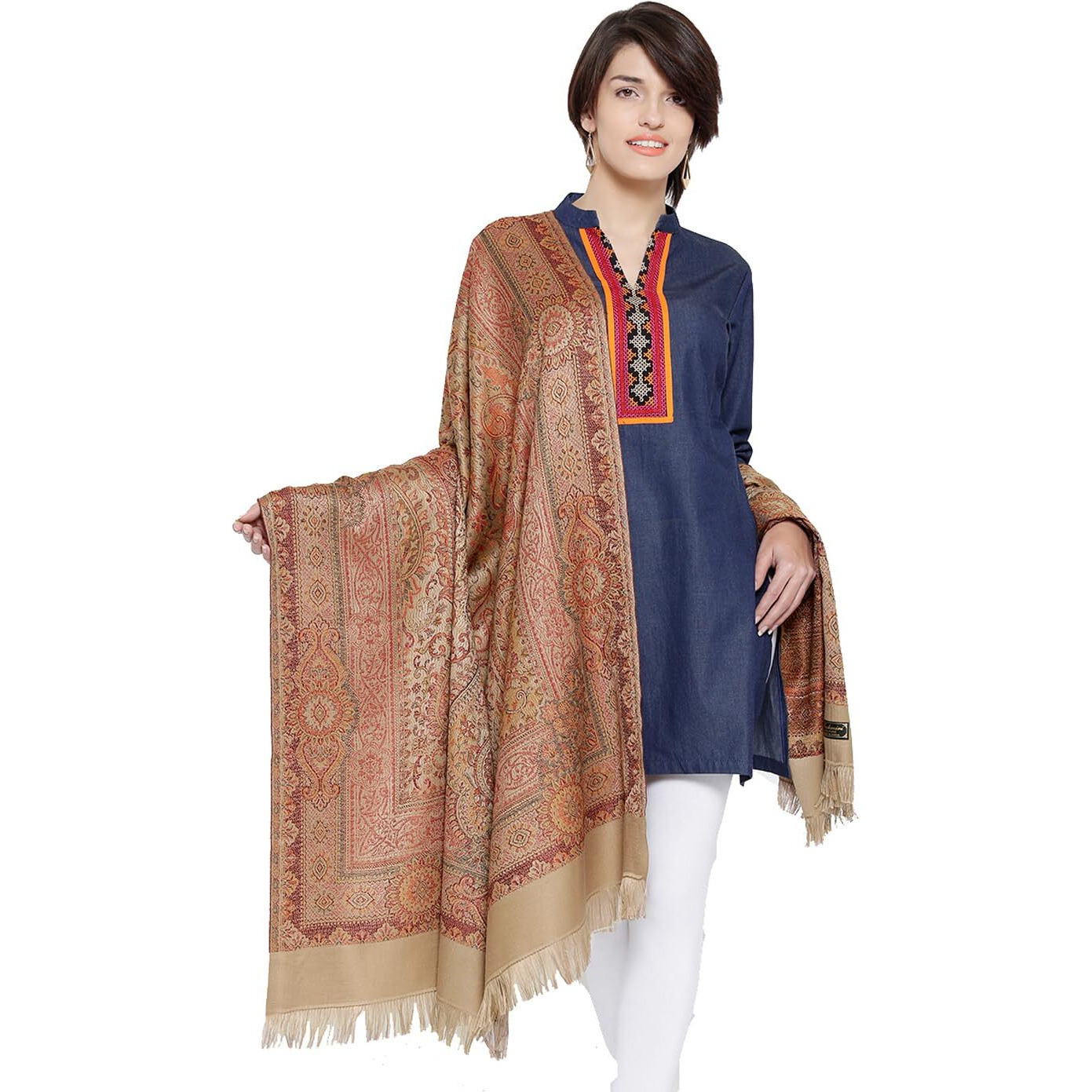 Weavers Villa - Women's Faux Pashmina Silk Paisley Design Shawls, Stoles (Light Beige), 100Cm X 200Cm