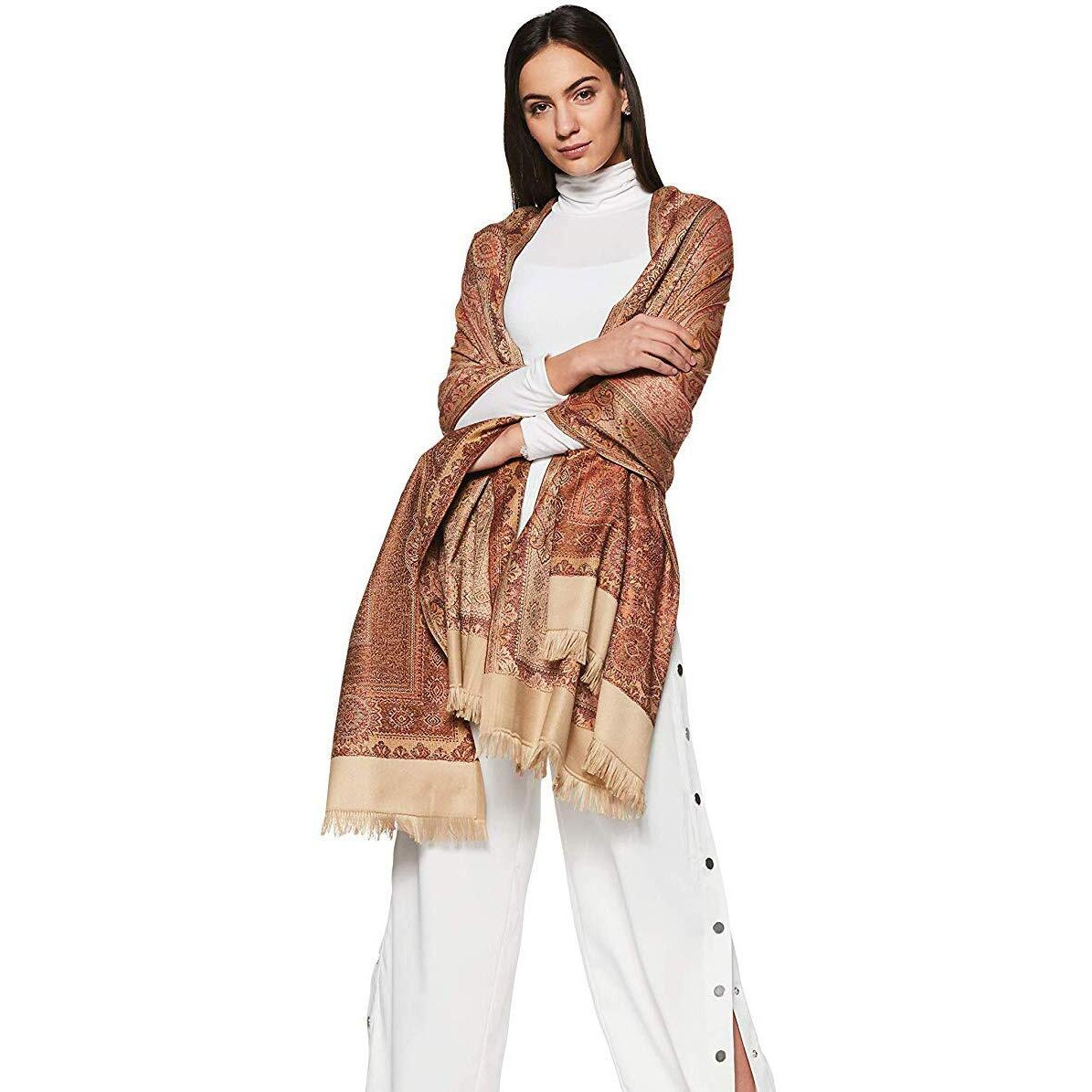 Weavers Villa - Women's Faux Pashmina Silk Paisley Design Shawls, Stoles (Light Beige), 100Cm X 200Cm