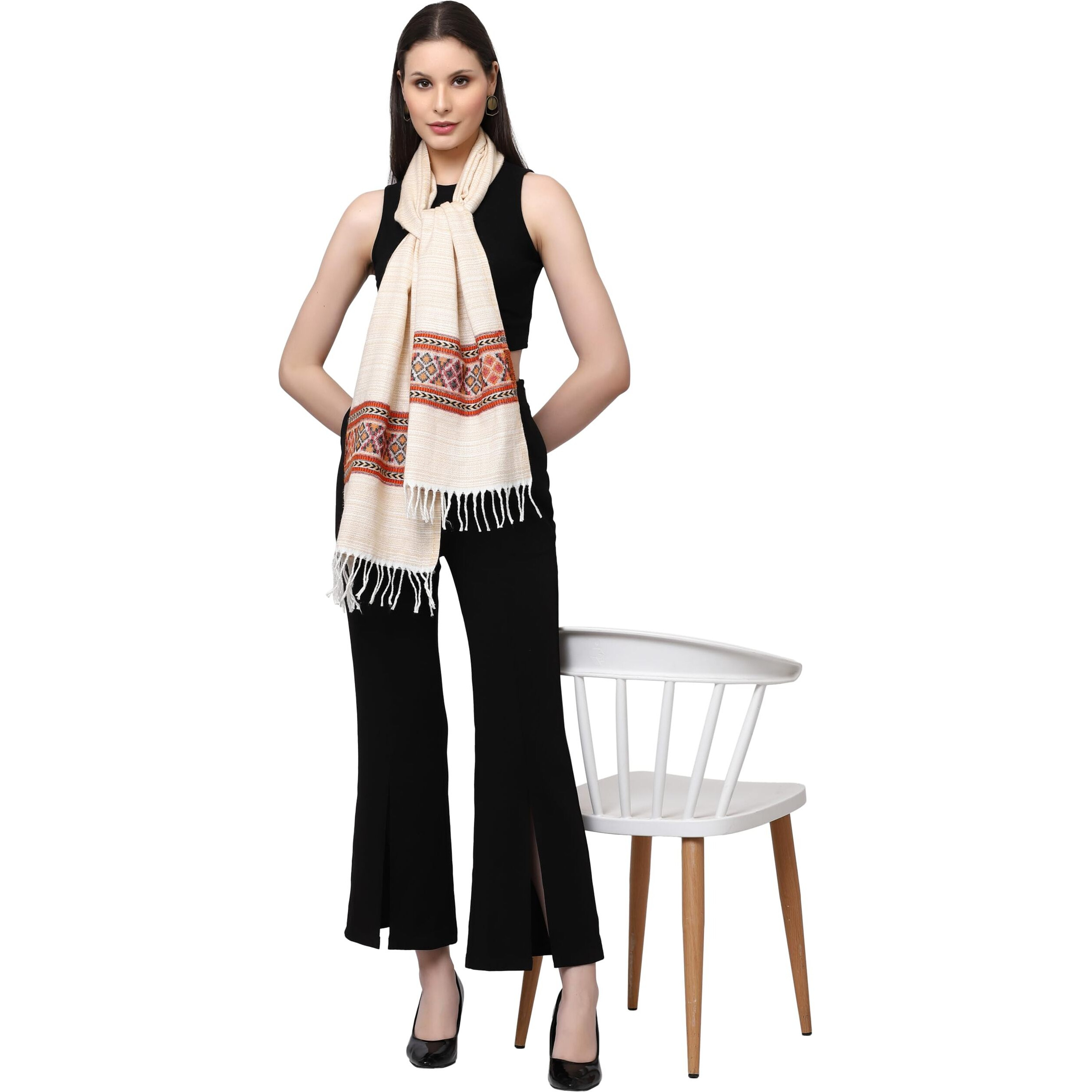 Weavers Villa Acro Wool Women's Muffler (Mf-901,Cream, Size 34Cm X 200Cm)