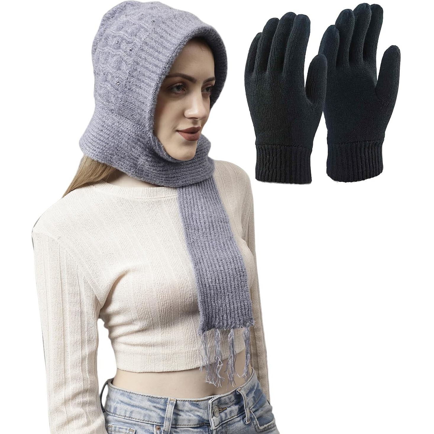 Set Of Weavers Villa Snow Proof Inside Fur Acro Wool Unisex Cap With Attached Neck Warmer Muffler Thick Fleece Lined Winter Cap And Gloves For Women, Free Size (In, Alpha, Free Size, Grey)