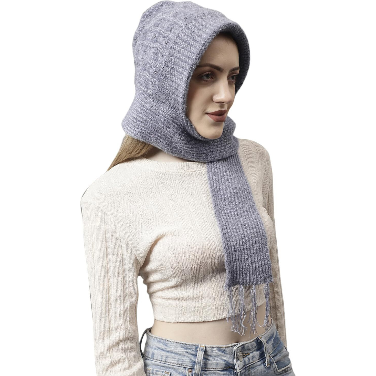 Set Of Weavers Villa Snow Proof Inside Fur Acro Wool Unisex Cap With Attached Neck Warmer Muffler Thick Fleece Lined Winter Cap And Gloves For Women, Free Size (In, Alpha, Free Size, Grey)