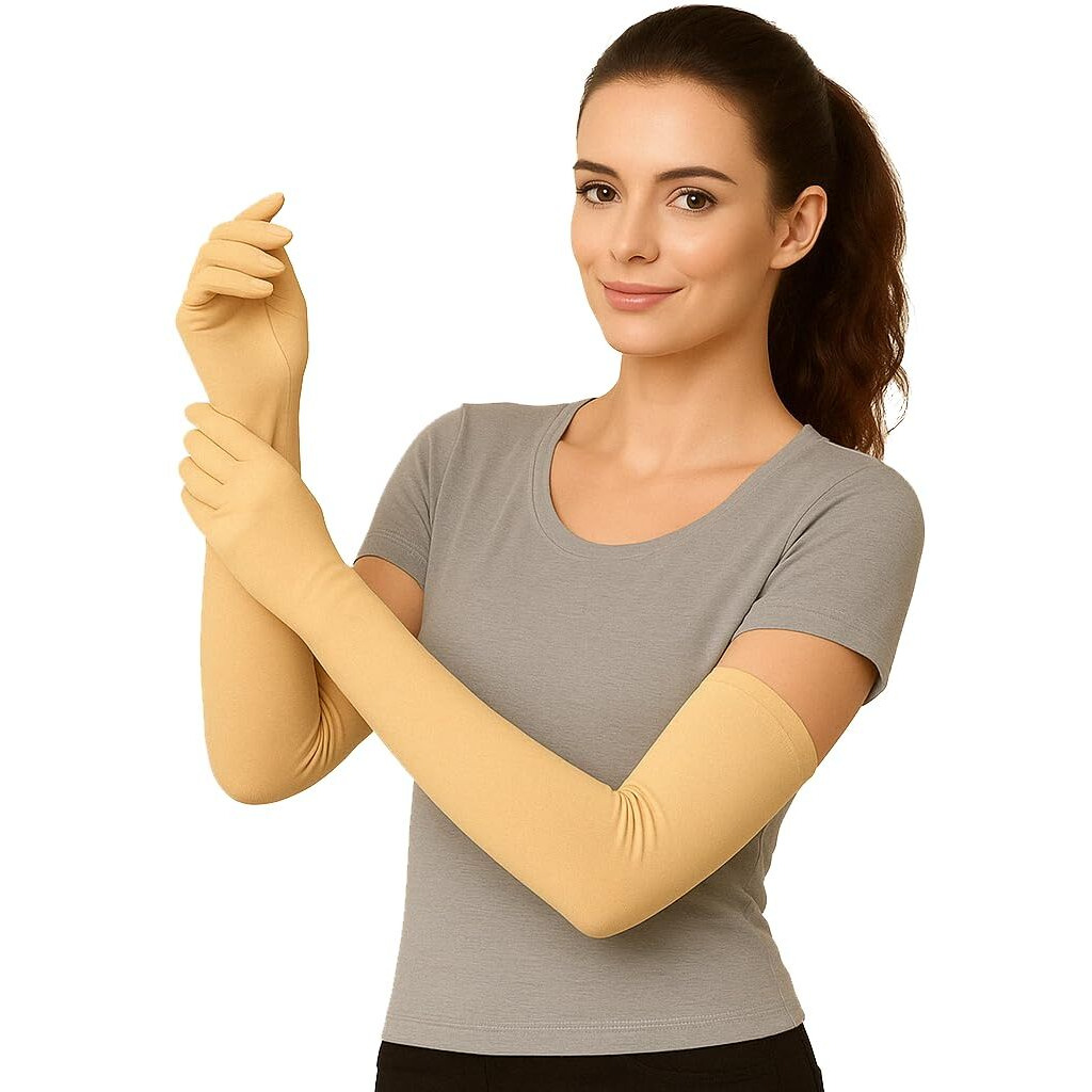 Weavers Villa Cotton Summer Glove For Men & Women | Anti-Slip Uv Protection Arm Hand Gloves | Outdoor Sun, Dust, Pollution Shield | Elastic Fit | Pack Of 4 Pairs (Beige)