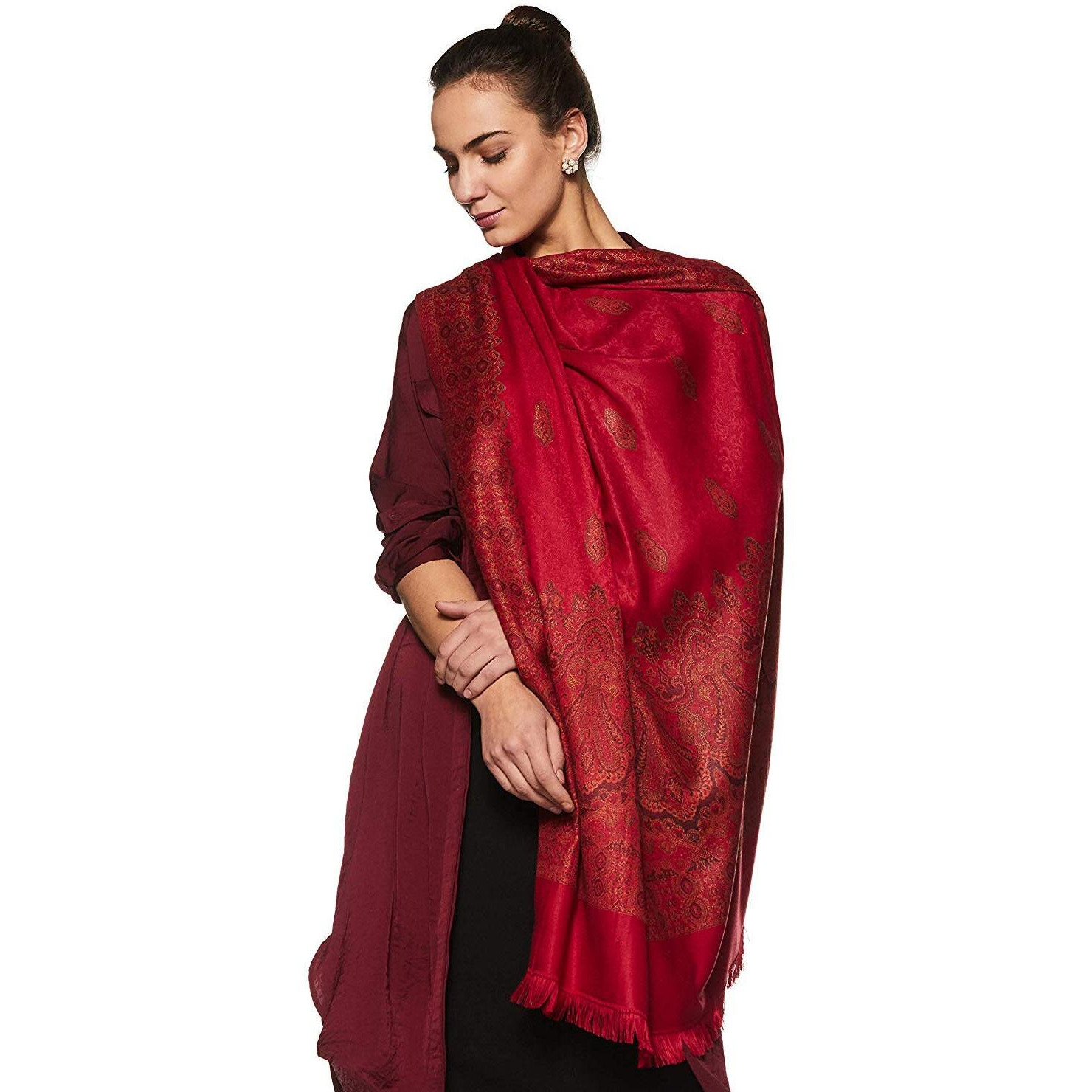 Weavers Villa - Women's Maroon Jamdani Kashmiri Shawls,Stoles (Maroon), 100Cm X 200Cm