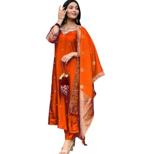 Wedani Chanderi Kurta Set For Women Orange