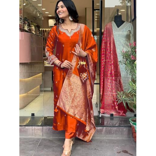 Wedani Chanderi Kurta Set For Women Orange