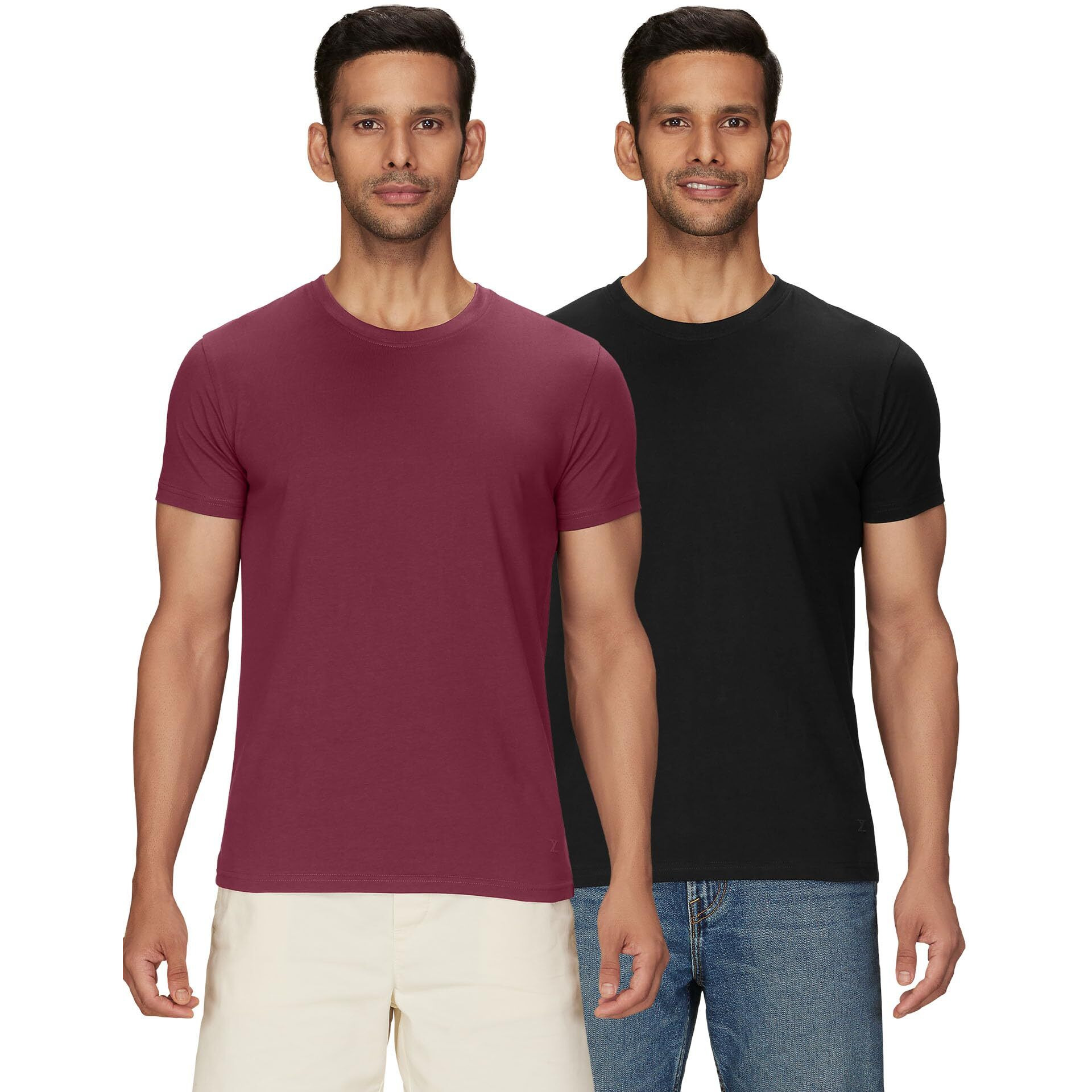 Xyxx Men's Solid Regular Fit T-Shirt (Xy_Cr15_Tshirt_2_Bold Burgundy+Pitch Black