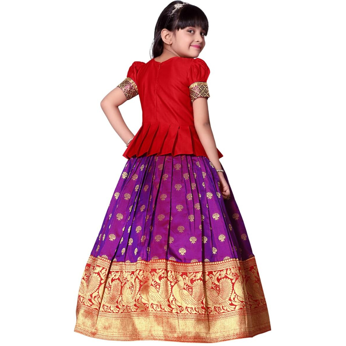 White Button Girl's Pattu Pavadai Readymade Lehenga Choli For Girls Dress