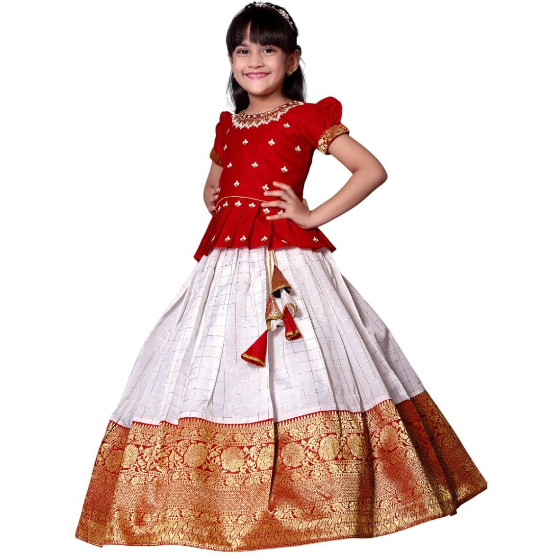 White Button Girl's Pattu Pavadai Readymade Lehenga Choli For Girls Dress