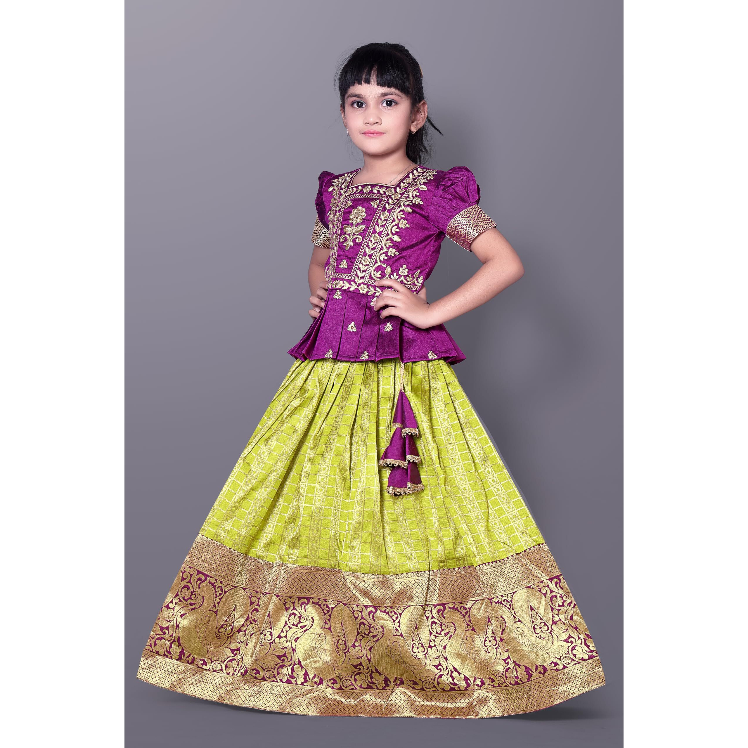White Button Girls Faux Silk New Latest Pattu Pavadai Readymade Lehenga Choli Dress, Wine, 8-9 Years