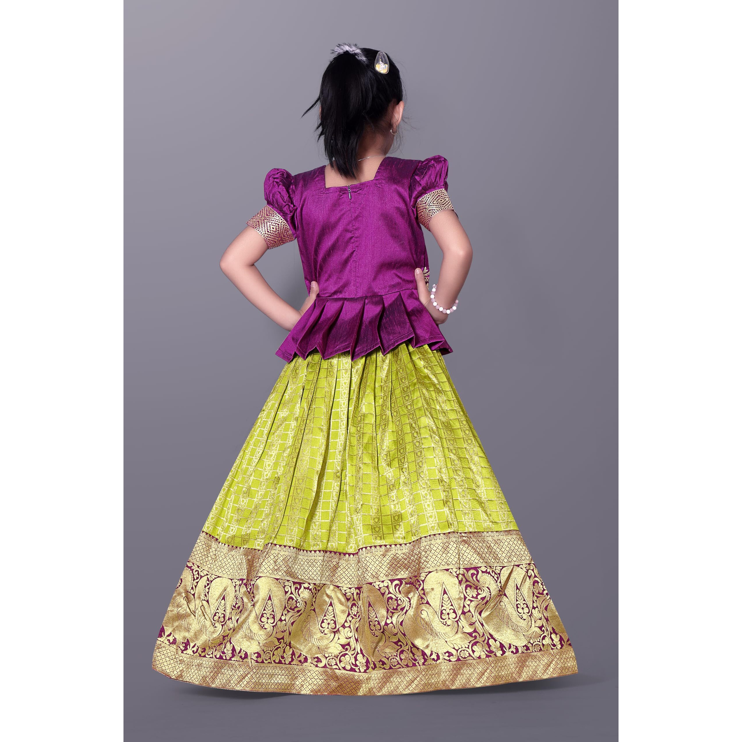 White Button Girls Faux Silk New Latest Pattu Pavadai Readymade Lehenga Choli Dress, Wine, 8-9 Years