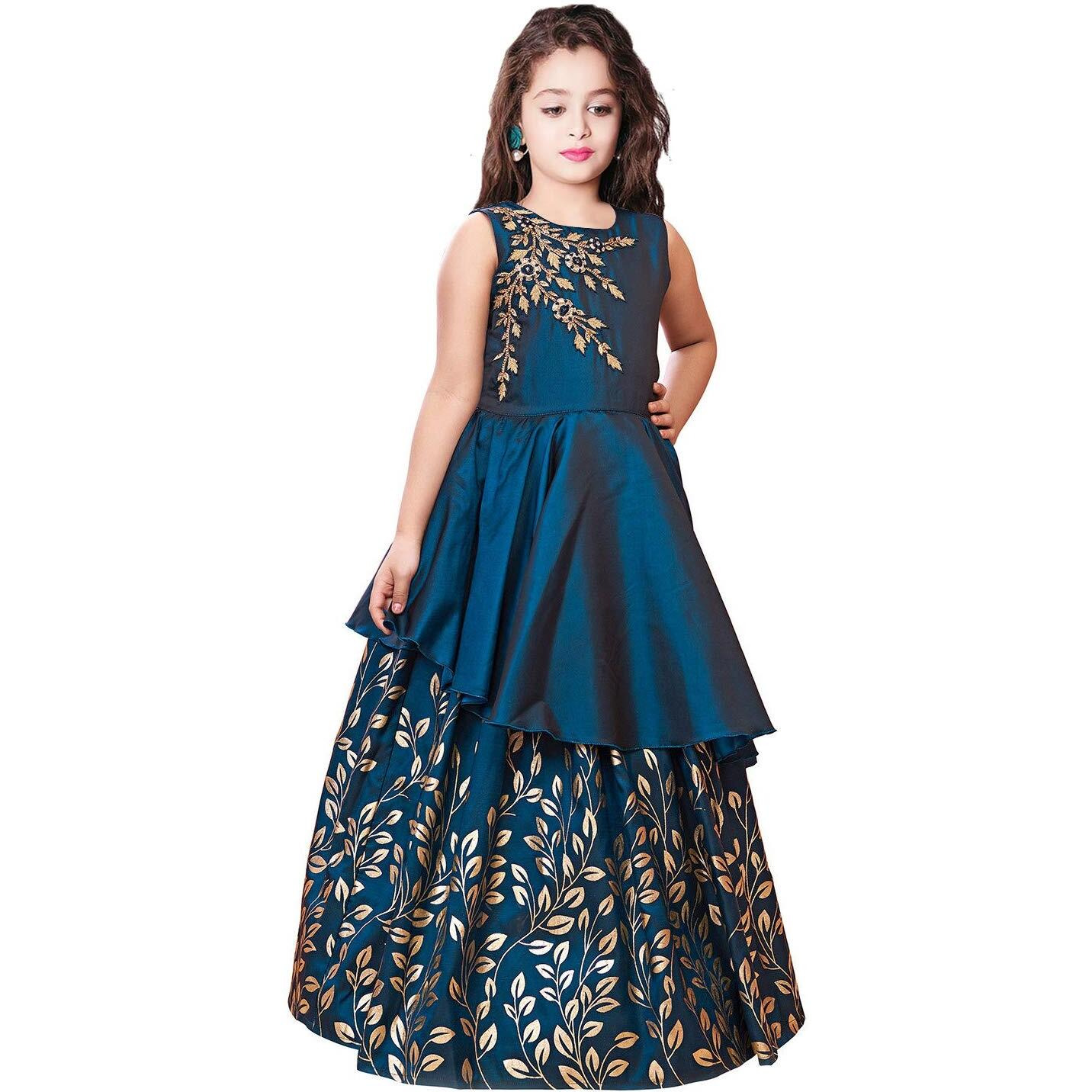 White Button Girl's Blue Foil A-Line Maxi Dress Gown (7-8 Years)