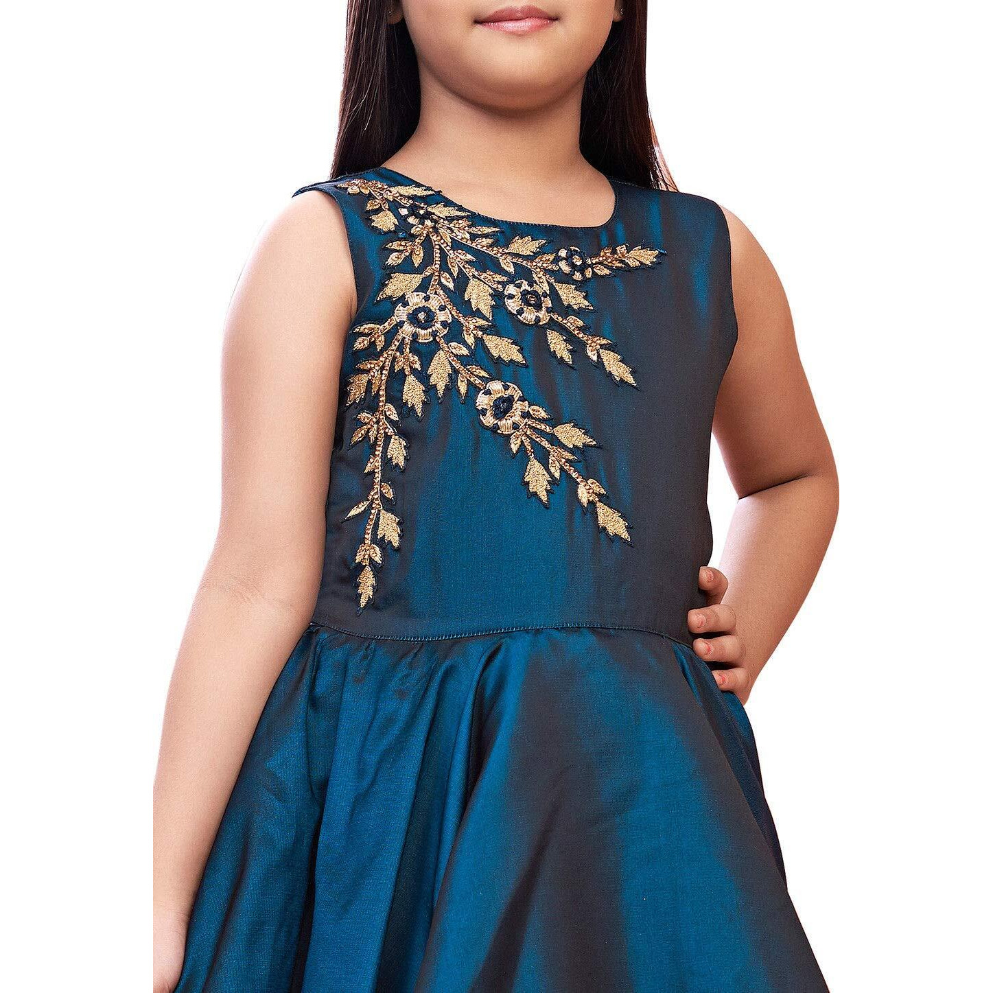 White Button Girl's Blue Foil A-Line Maxi Dress Gown (3-4 Years)