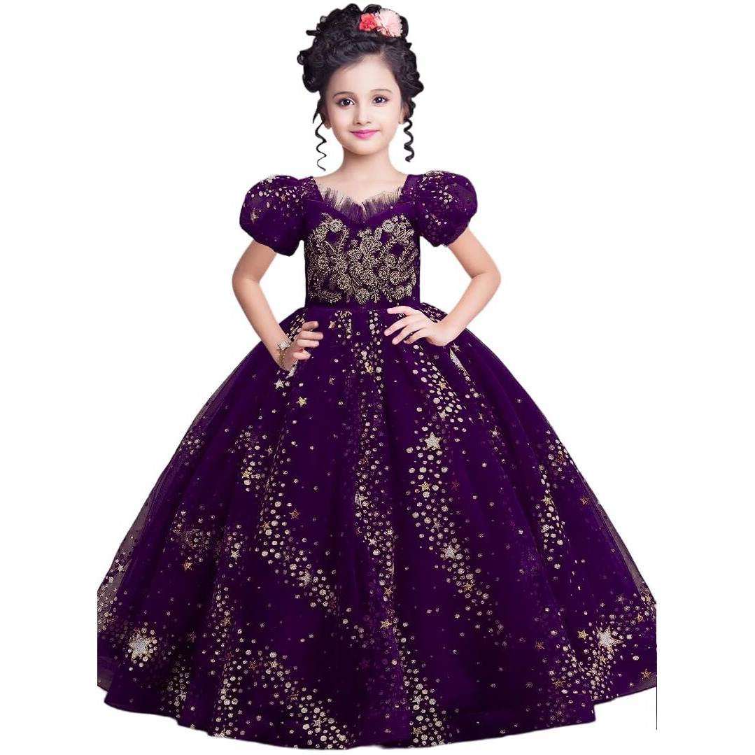 White Button Kids Gown For Girls Maxi Dress Gown Purple