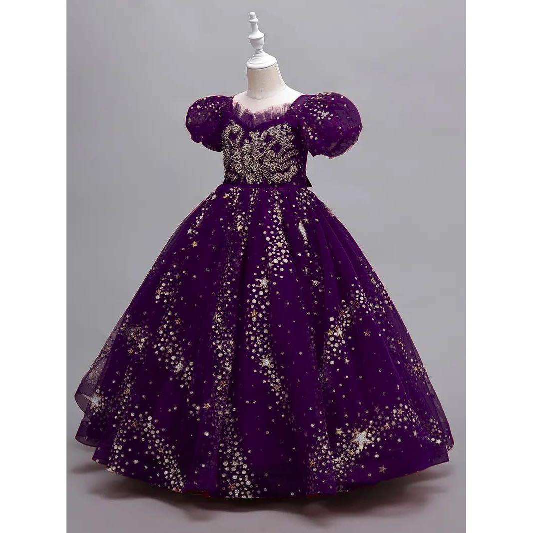 White Button Kids Gown For Girls Maxi Dress Gown Purple