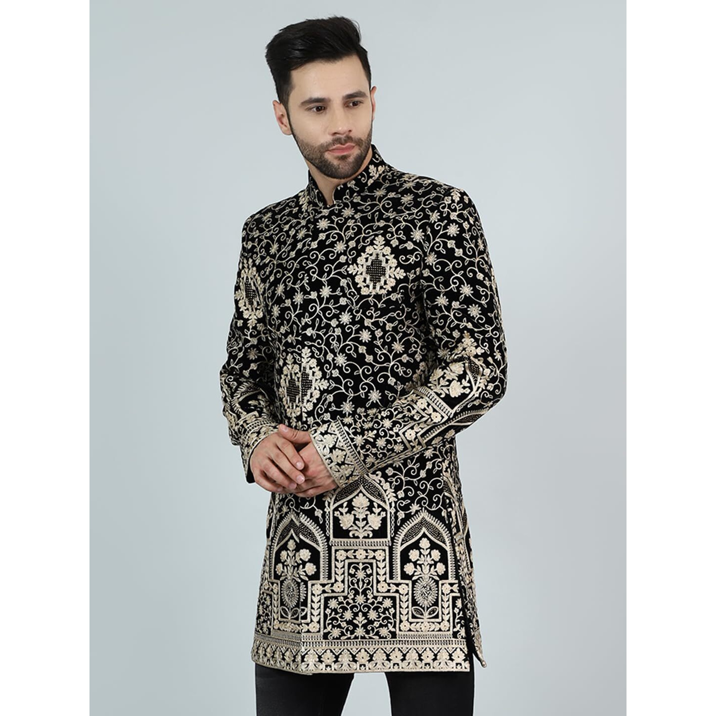 Wintage Men's Embroidered Velvet Black 1 Bandhgala  Blazer1573