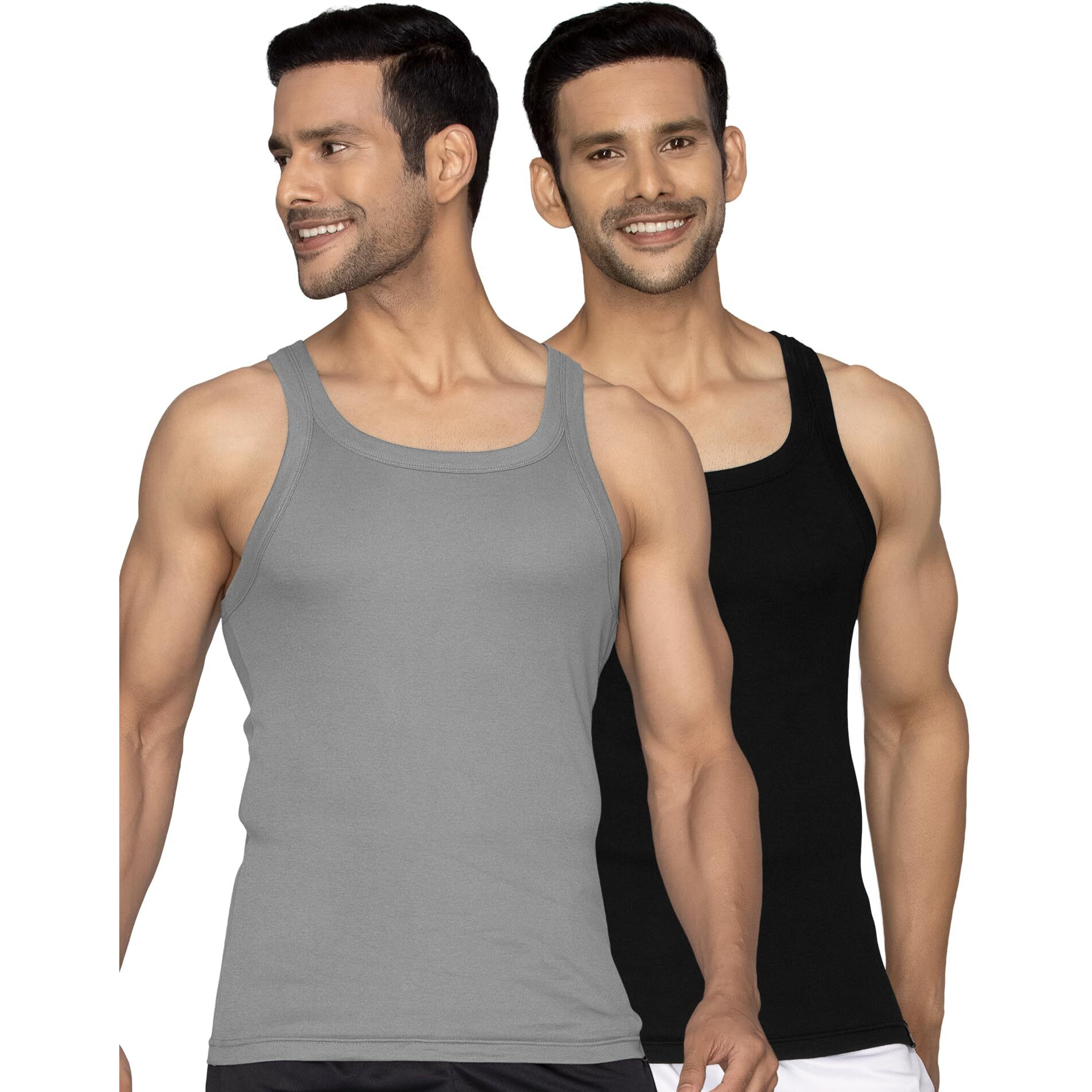Xyxx Men Combed Cotton Vest, Regular Fit, Solid, Pack Of 2, Xygvest2Pckn09M, Ash Grey+Black Knight, M