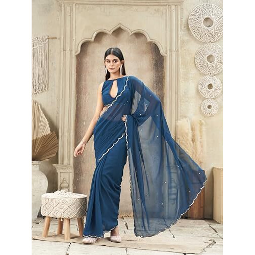 Womanista Women's Blue Colored Organza Saree With Embellished Work(Ti6841_Blue_Onesize)