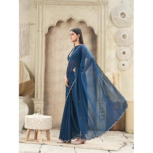 Womanista Women's Blue Colored Organza Saree With Embellished Work(Ti6841_Blue_Onesize)