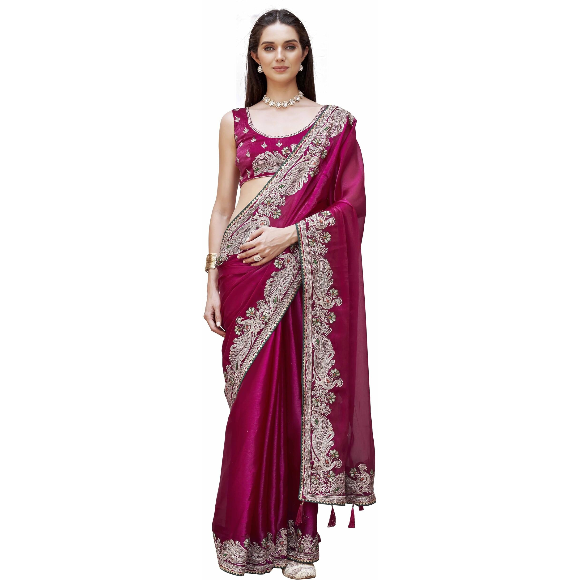 Womanista Women Silk Rani Colored Zari Embroidered Saree(Ti7007_Rani_Onesize)