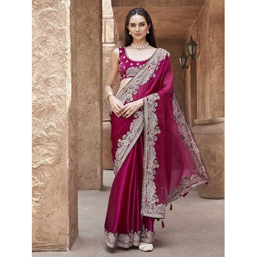 Womanista Women Silk Rani Colored Zari Embroidered Saree(Ti7007_Rani_Onesize)