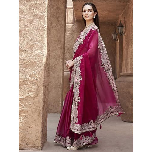Womanista Women Silk Rani Colored Zari Embroidered Saree(Ti7007_Rani_Onesize)