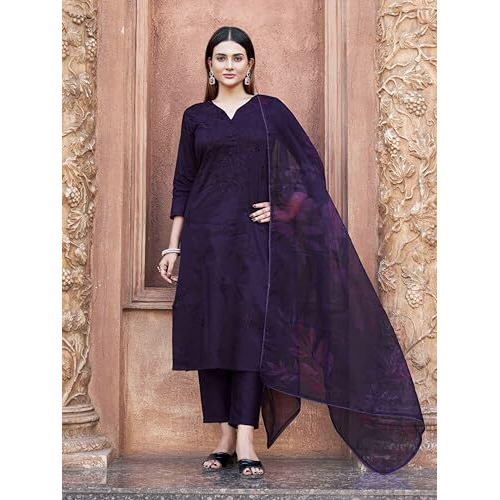 Womanista Women's Cotton Blend Kurta With Trouser & Dupatta (Kurtaset_1416_Dark Purple
