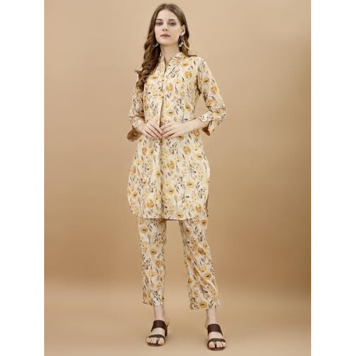 Womanista Women's Beige Colour Pure Cotton Floral Printed Tunic With Trouser Co-Ord(Co-Ords_9073_Xxl)