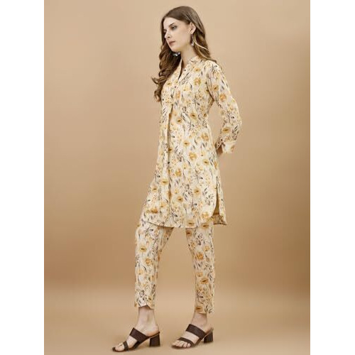 Womanista Women's Beige Colour Pure Cotton Floral Printed Tunic With Trouser Co-Ord(Co-Ords_9073_Xxl)