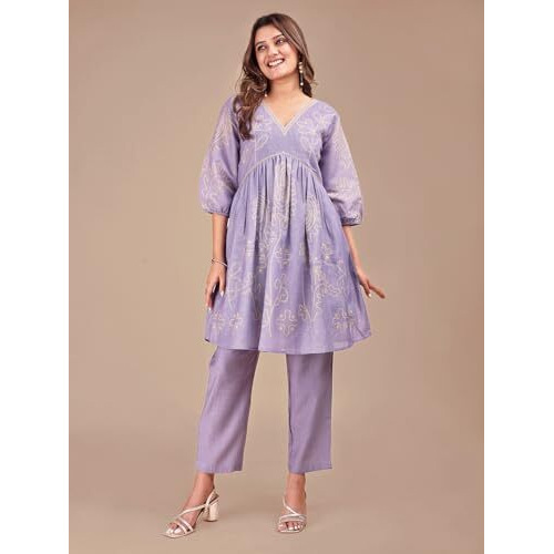 Womanista Women's Cotton Blend Floral Regular Set (Co-Ords_9239_Lilac_M)