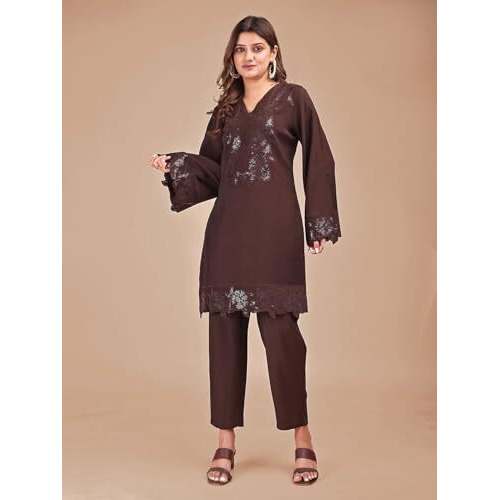 Womanista Women's Silk Blend Floral Regular Set (Co-Ords_9210_Cocoa_Xl)