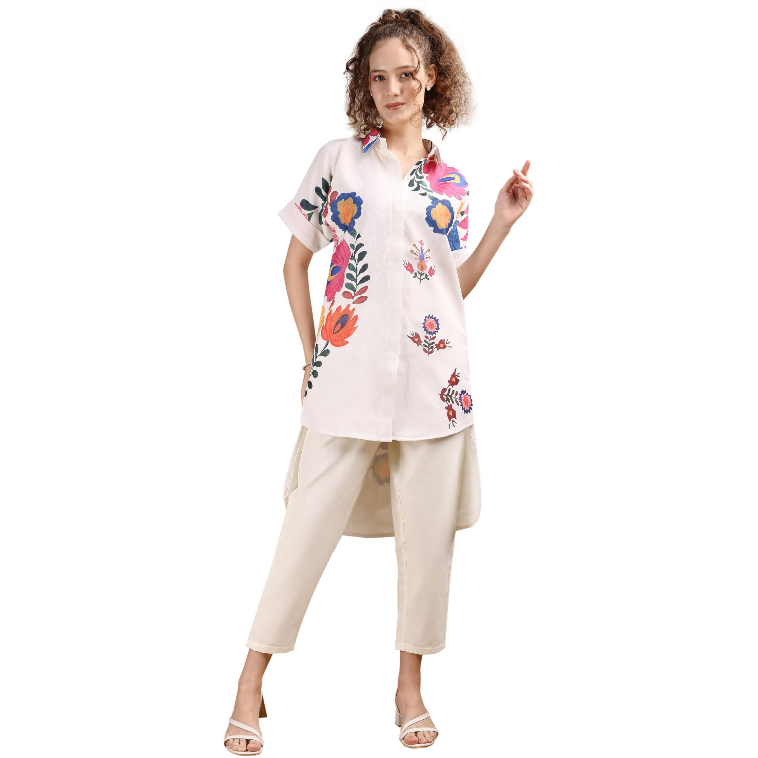 Womanista Women's Cotton Blend Floral Regular Set (Co-Ords_9205_White